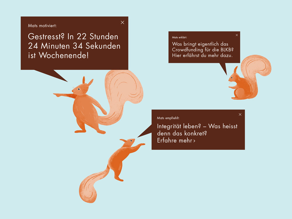 Drei illustrierte Eichhörnchen mit Sprechblasen auf blauem Hintergrund