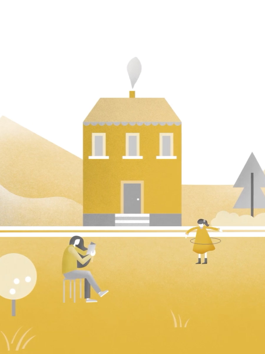 Still aus UBS Animationsfilm Illustrierte Frau und Kind vor Haus